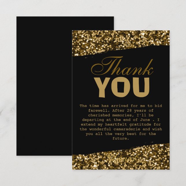 Chic Gold Glitter Sparkles Retirement Party 2026 Thank You Card (Front/Back)