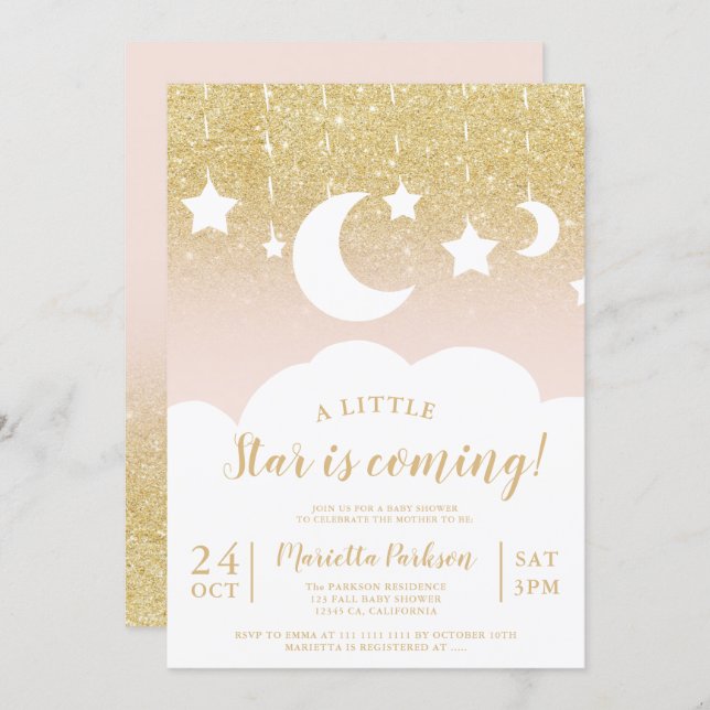 Chic gold glitter star moon cloud baby shower invitation (Front/Back)