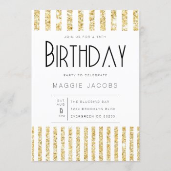 Chic Gold Glitter Stripes Birthday Party Invitation by RedefinedDesigns at Zazzle