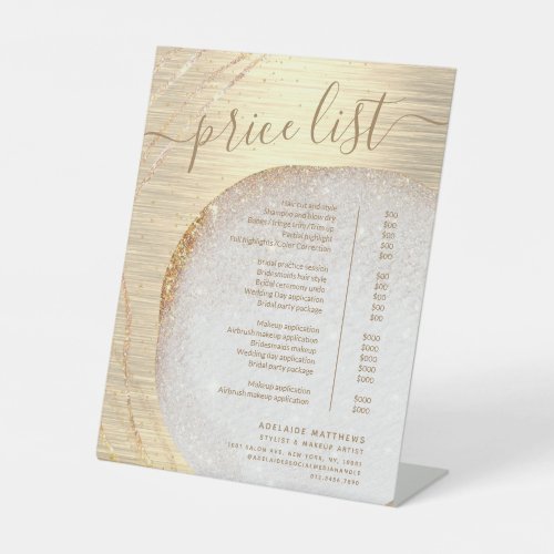 Chic Gold Glitter Stylist Salon Price List Service Pedestal Sign