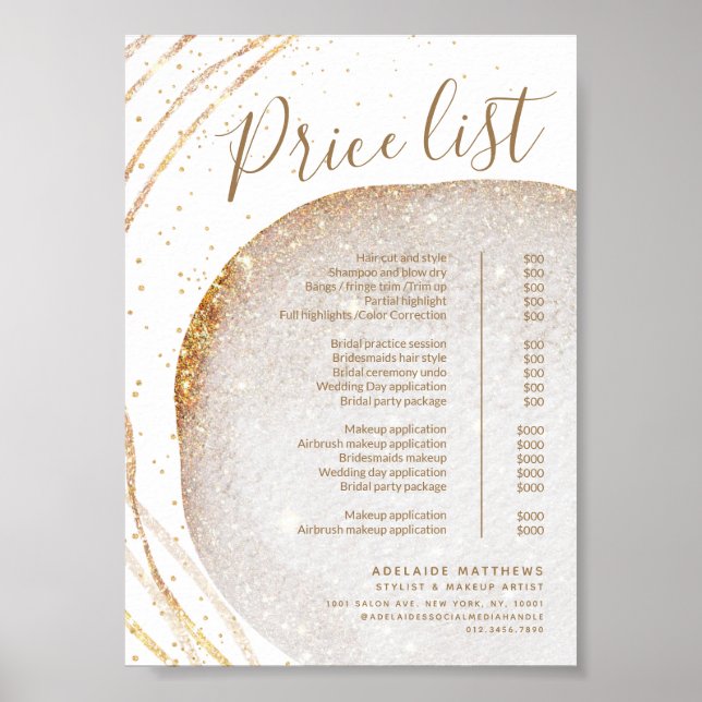 Chic Gold Glitter Stylist Salon Price List Service Poster (Front)