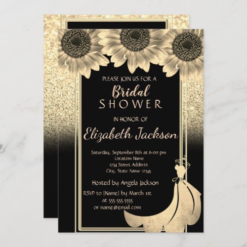 Chic Gold Glitter Sunflowers Dress Bridal Shower Invitation