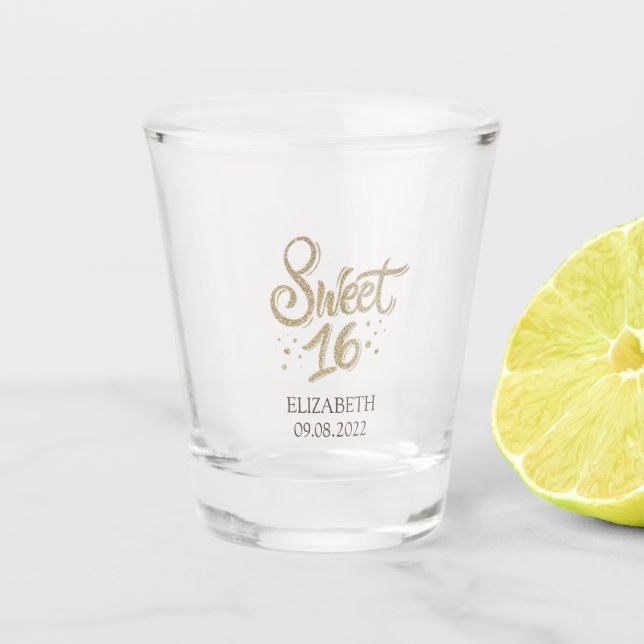 Chic Gold Glitter Sweet 16 Shot Glass (Front)