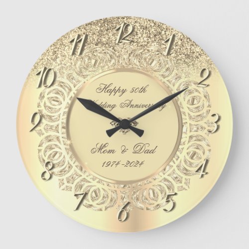 Chic Gold Glitter  Swirls 50 Wedding Anniversary Large Clock