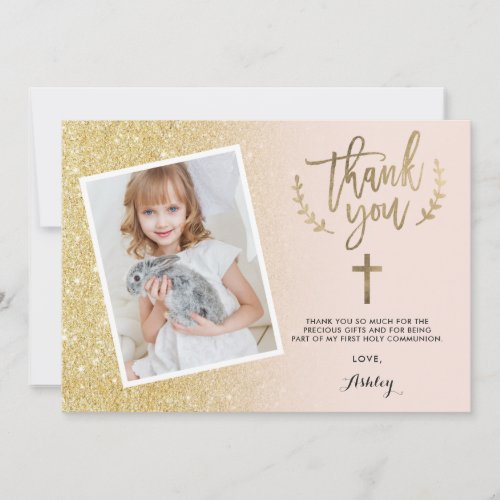 Chic gold glitter thank you first communion photo