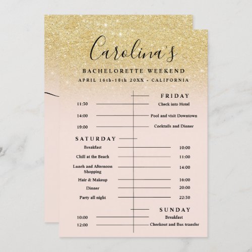 Chic gold glitter time line bachelorette weekend invitation