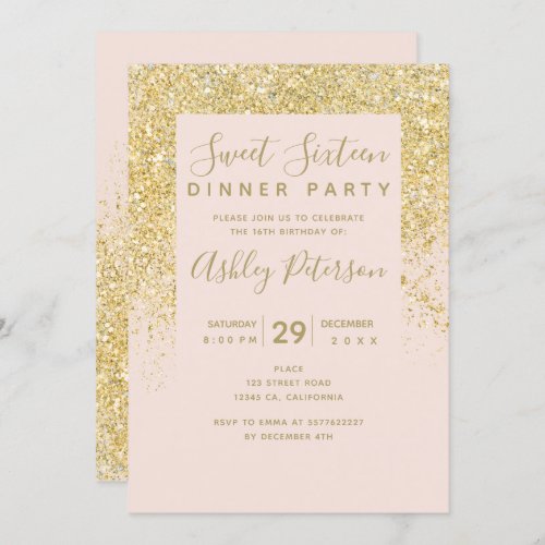 Chic gold glitter typography blush pink Sweet 16 Invitation