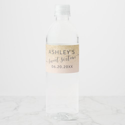 Chic gold glitter typography blush pink Sweet 16 Water Bottle Label