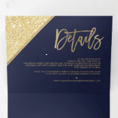 Chic gold glitter typography navy blue wedding Tri-Fold invitation (Inside First)
