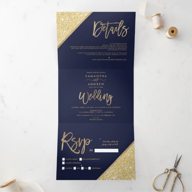 Chic gold glitter typography navy blue wedding Tri-Fold invitation (Inside)