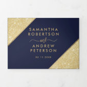 Chic gold glitter typography navy blue wedding Tri-Fold invitation (Cover)
