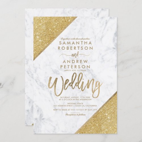 Chic gold glitter typography white marble  wedding invitation