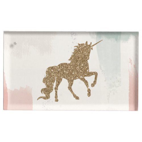Chic Gold Glitter Unicorn Watercolor Brush Stroke Place Card Holder