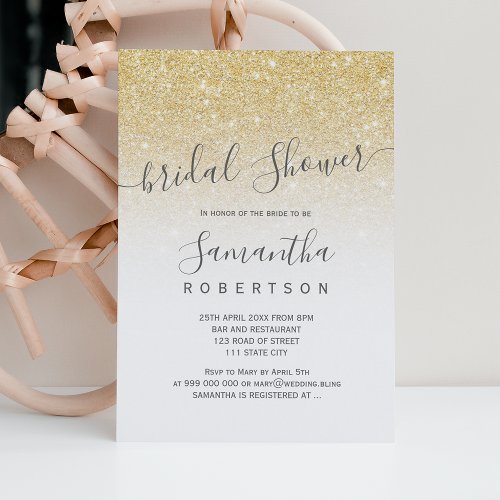 Chic gold glitter white script bridal shower invitation