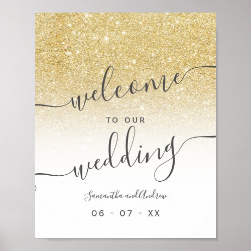 Chic gold glitter white script welcome wedding poster