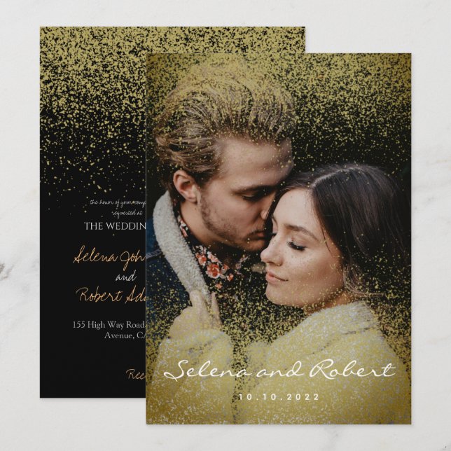 Chic Gold Gold Glitter Overlay Photo Wedding Invitation (Front/Back)