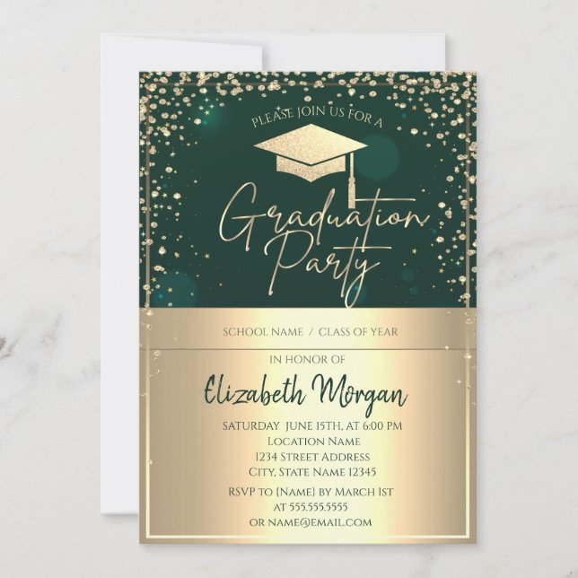 Chic Gold Grad Cap,Diamonds Green Graduation Invitation (Front)