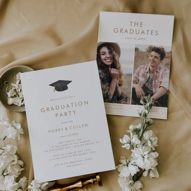 Chic Gold Grad Cap Photo Double Graduation Party Invitation | Zazzle