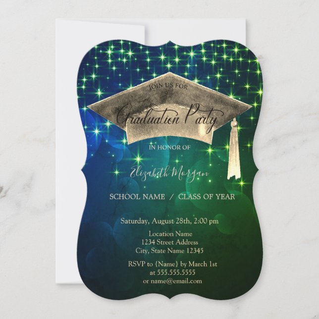 Chic Gold Graduation Cap,Stars Green Graduation  Invitation (Front)