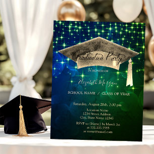 Chic Gold Graduation Cap,Stars Green Graduation Invitation