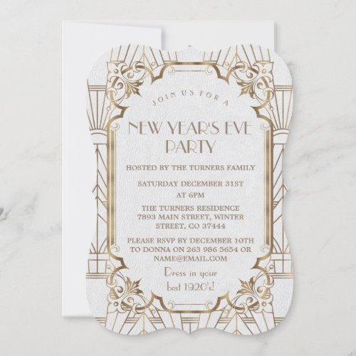 Chic Gold Great Gatsby White 1920s New Year Party Invitation