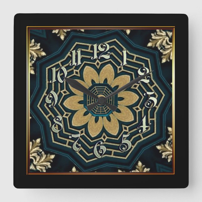 Chic Gold & Green Asian Style 2 Square Wall Clock (Front)