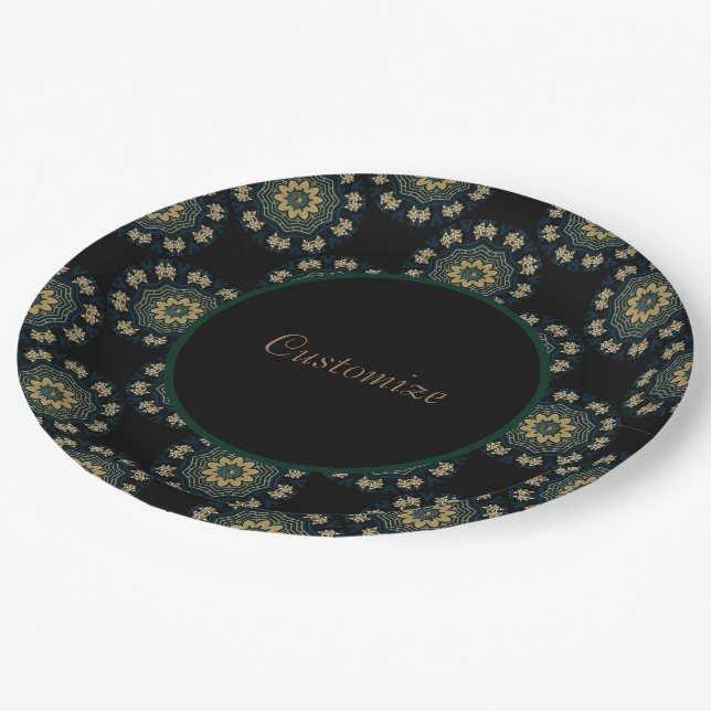 Chic Gold & Green Asian Style Pattern Paper Plates (Angled)
