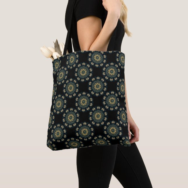 Chic Gold & Green Asian Style Pattern Tote Bag (Close Up)