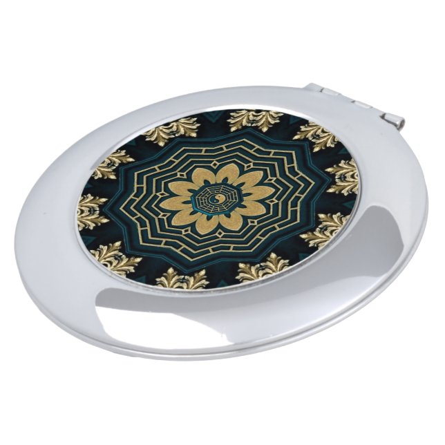 Chic Gold & Green Asian Style Round Compact Mirror (Turned)