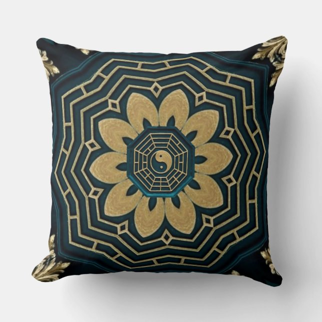 Chic Gold & Green Asian Style Throw Pillow (Front)