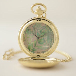 Chic Gold Green Leaf Abstract Gold Pattern Pocket Watch