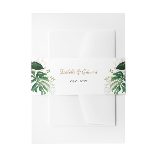 Chic Gold  Green Tropical Monstera Leaves Wedding Invitation Belly Band