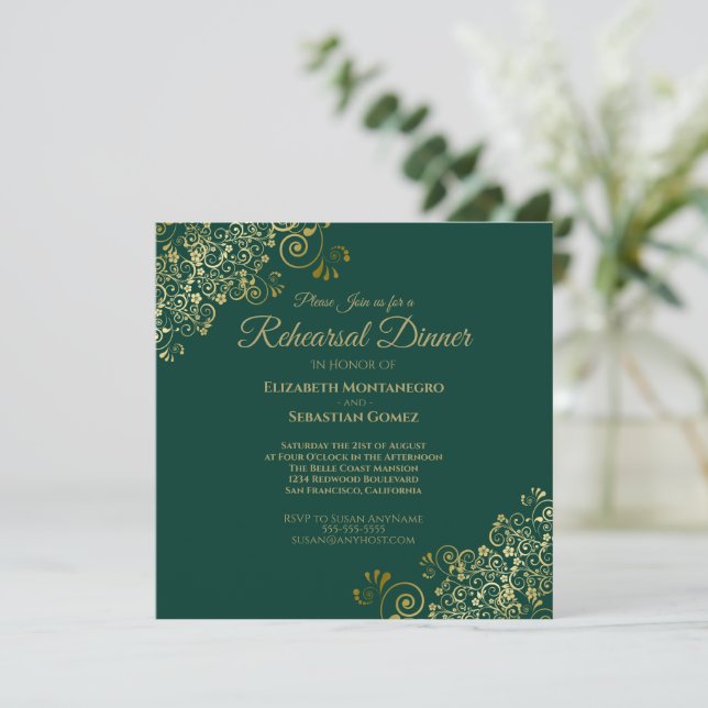 Chic Gold & Green Wedding Rehearsal Dinner Square Invitation (Standing Front)