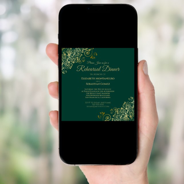 Chic Gold & Green Wedding Rehearsal Dinner Square Invitation (Front Digital)