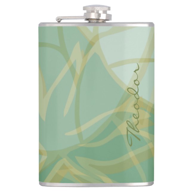 Chic Gold Green White Abstract Flask (Front)