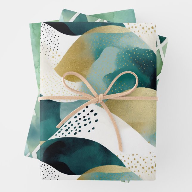 Chic Gold Green White Abstract Wrapping Paper Sheets (In situ)