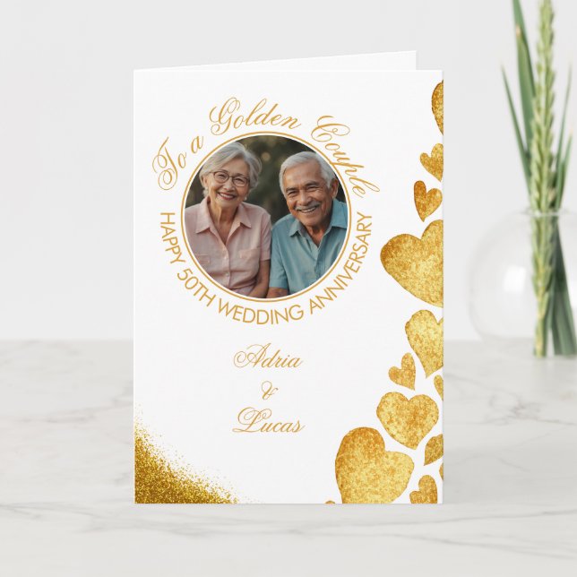 Chic Gold Heart 50th Wedding Anniversary Card (Front)