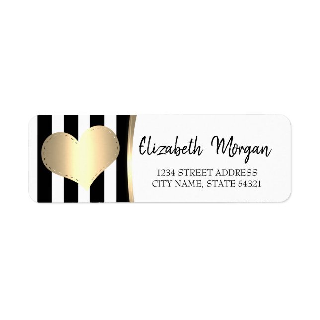 Chic Gold Heart,Black Stripes  Address Label (Front)