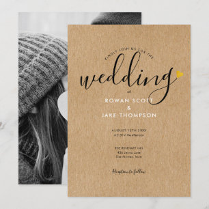 Chic Gold Heart Rustic Kraft Photo Wedding Invitation