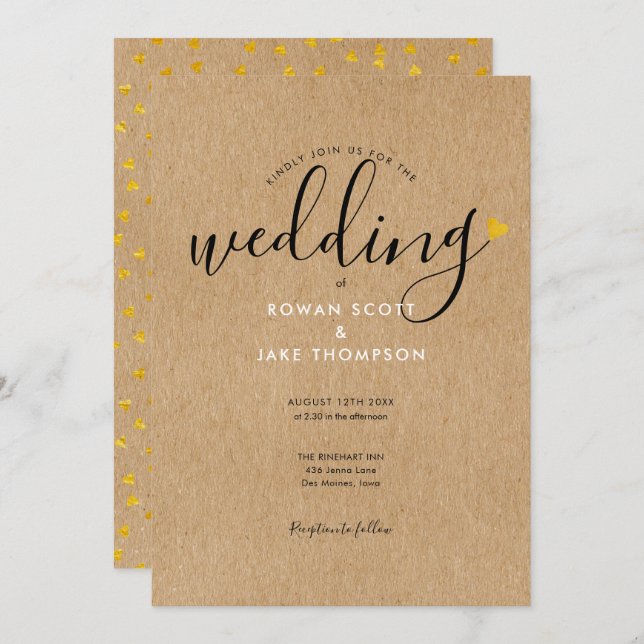 Chic Gold Heart Rustic Kraft Wedding Invitation (Front/Back)