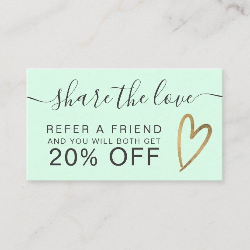 Chic gold heart script mint green share the love referral card