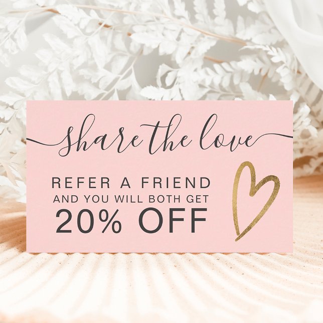 Chic gold heart script pink share the love referral card (Creator Uploaded)