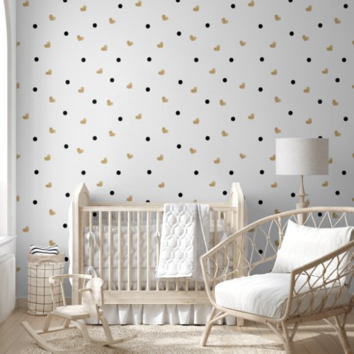 Chic Gold Hearts Black Polka Dots Room Wallpaper