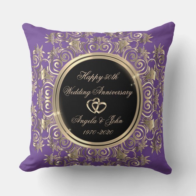 Chic Gold Hearts Swirl 50th Wedding Anniversary Throw Pillow (Front)