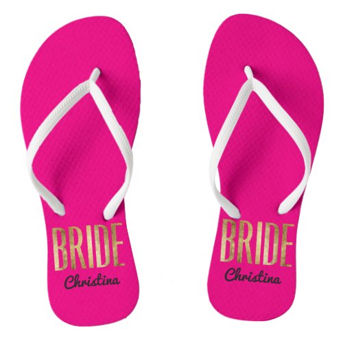 Chic Gold Hot Pink Bride Wedding Bachelorette Flip Flops