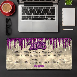 Chic gold hot pink drips monogram 2025 calendar  desk mat