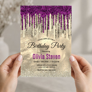 Chic gold hot pink purple glitter drips monogram invitation