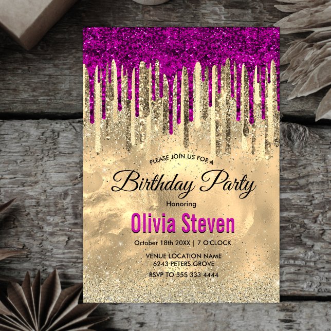 Chic gold hot pink purple glitter drips monogram invitation (Creator Uploaded)