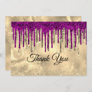 Chic gold hot pink purple glitter drips thank you card