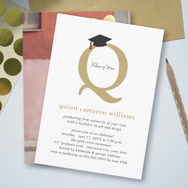 Chic Gold Initial 'Q' Graduation Cap Senior Party Invitation (Creator Uploaded)